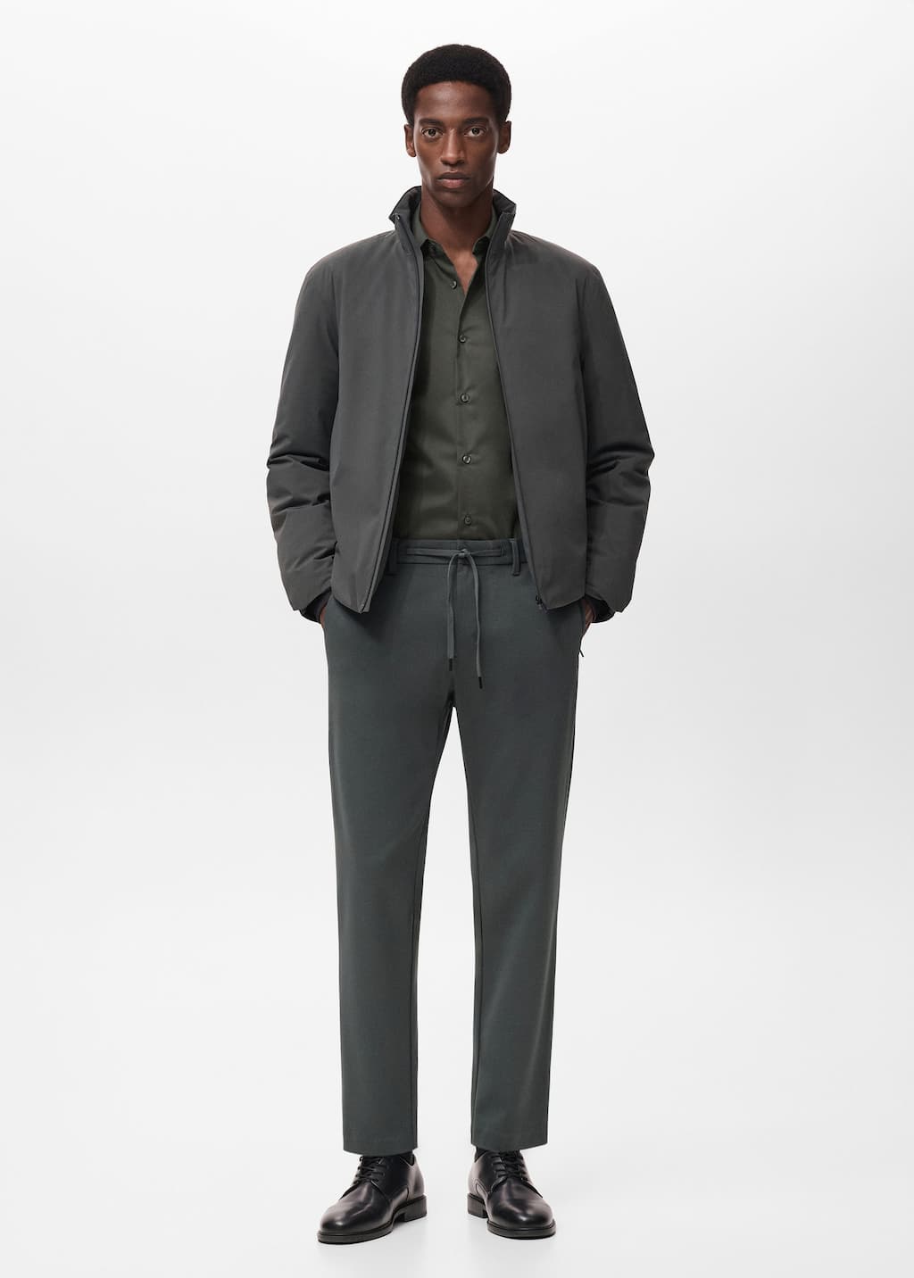 Mango Man Stretch Fabric Slim-fit Trousers With Drawstring Dark Green In Gray