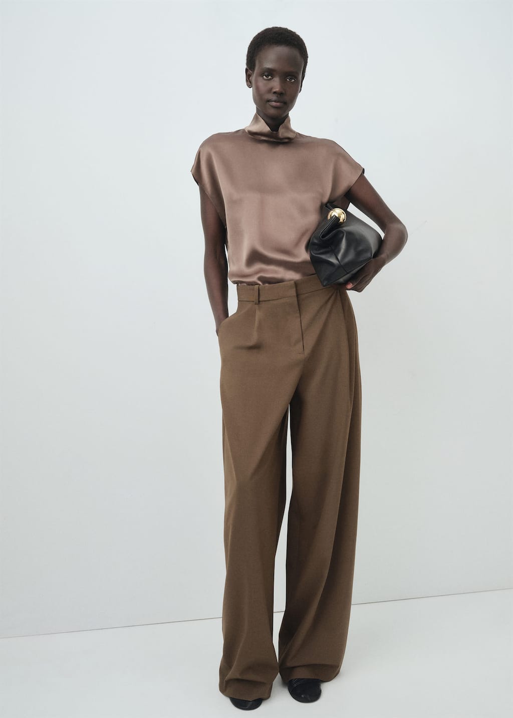 Mango 100% Silk Satin Turtleneck Blouse Medium Brown