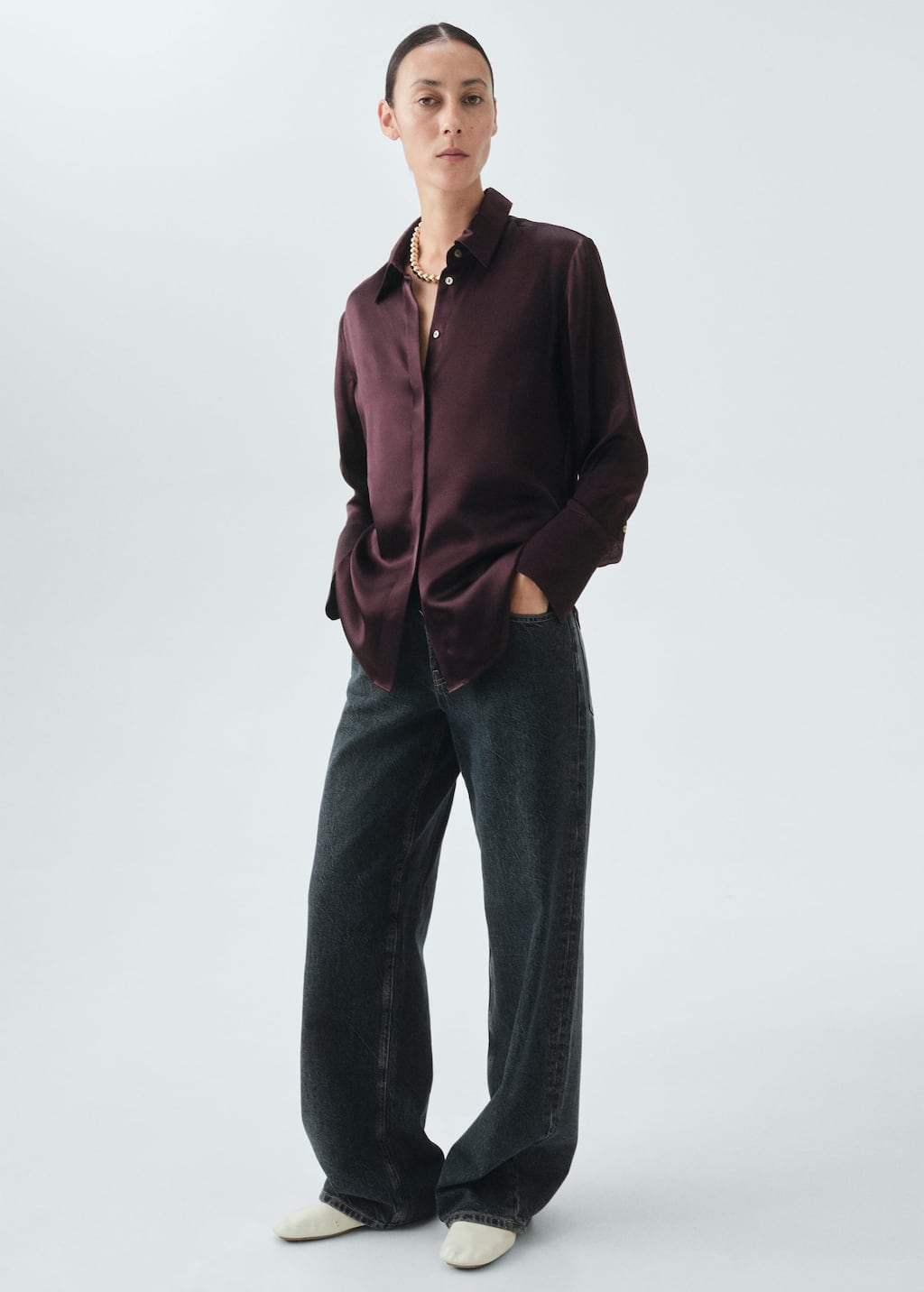 Mango 100% Silk Satin Shirt Medium Brown In Burgundy