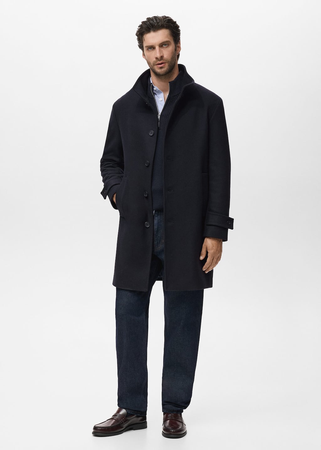 Mango Man Wool Funnel Neck Coat Navy In Black