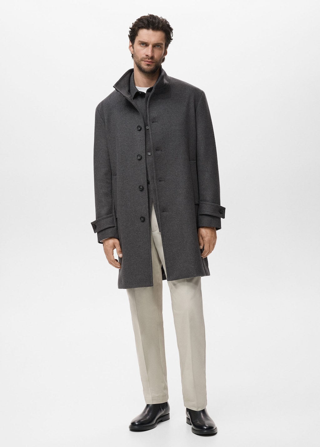 Mango Man Manteau En Laine À Col Cheminée Gris - Homme - L -  In Gold