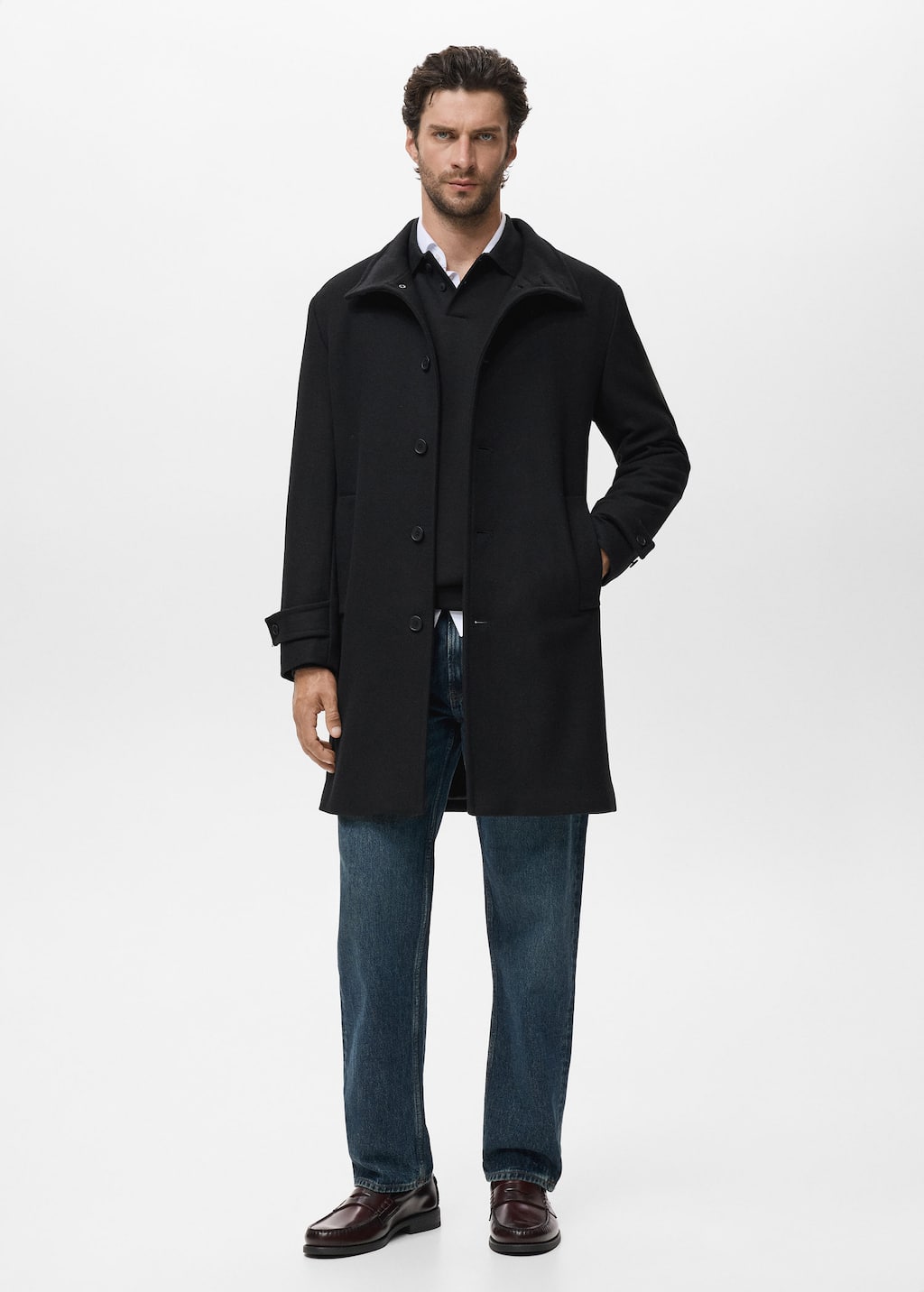 Mango Man Wool Funnel Neck Coat Black In Gray