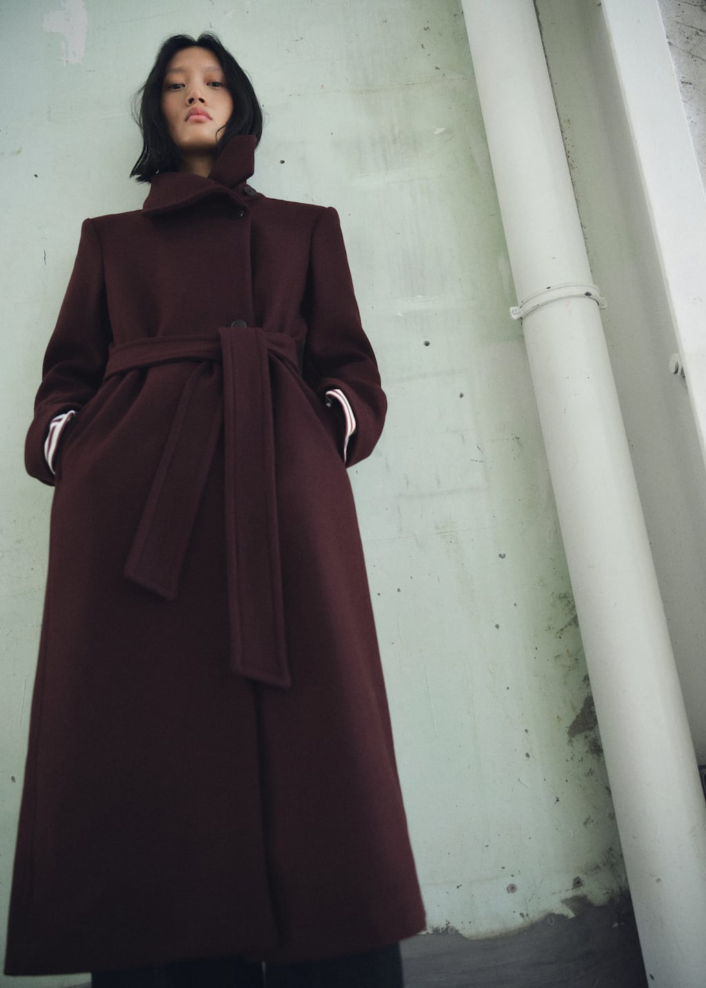 Mango Manteco Wool Coat With Belt Maroon In Brown