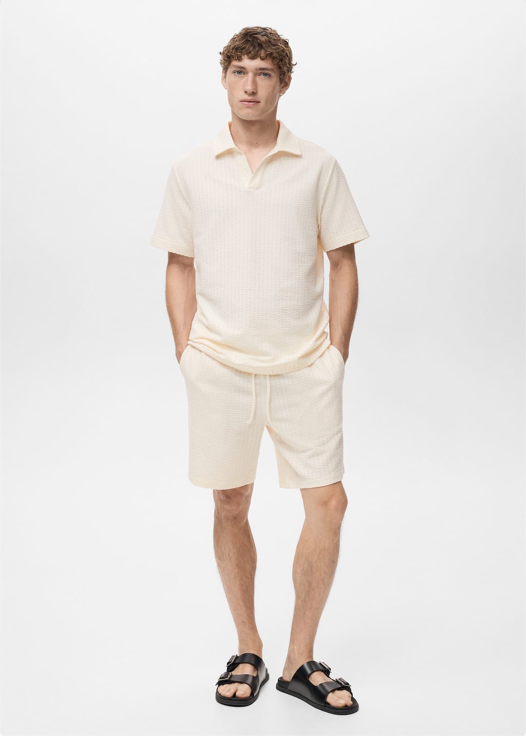 Mango Man Cotton Seersucker Bermuda Shorts With Drawstring Ecru