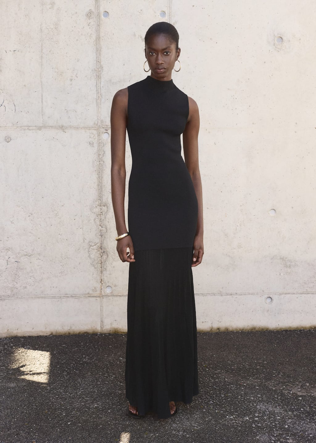Mango Long Knitted Dress With Perkins Neck Black In Black