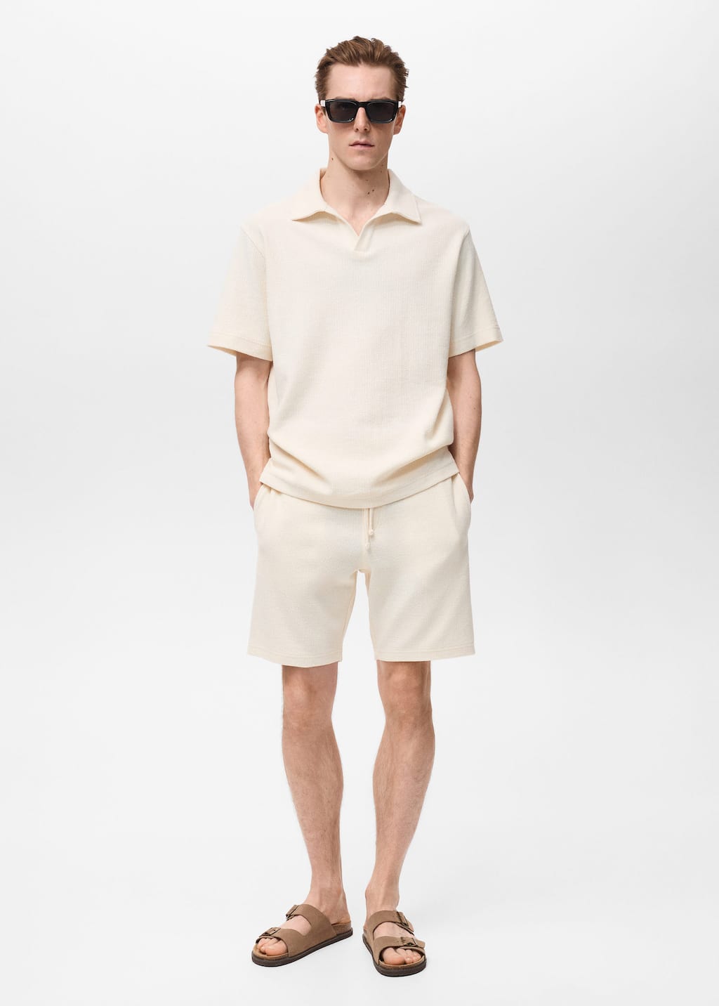 Mango Man Textured Cotton Bermuda Shorts With Drawstring