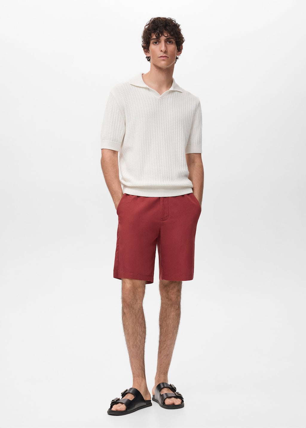 Mango Man 100% Cotton Knitted Polo Structure Off White In White
