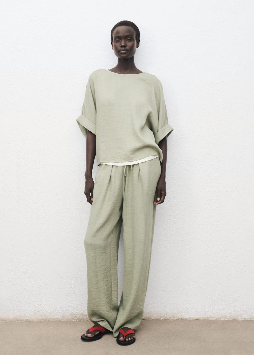 Mango Drawstring Straight Pants In Green
