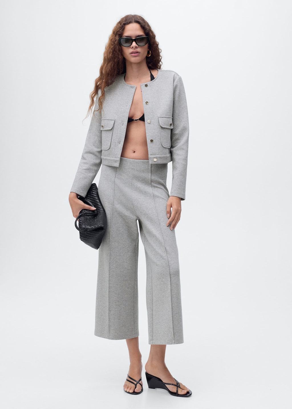 Mango Veste Coton Courte À Poches Gris Chiné Moyen - Femme - Xl - In Gray
