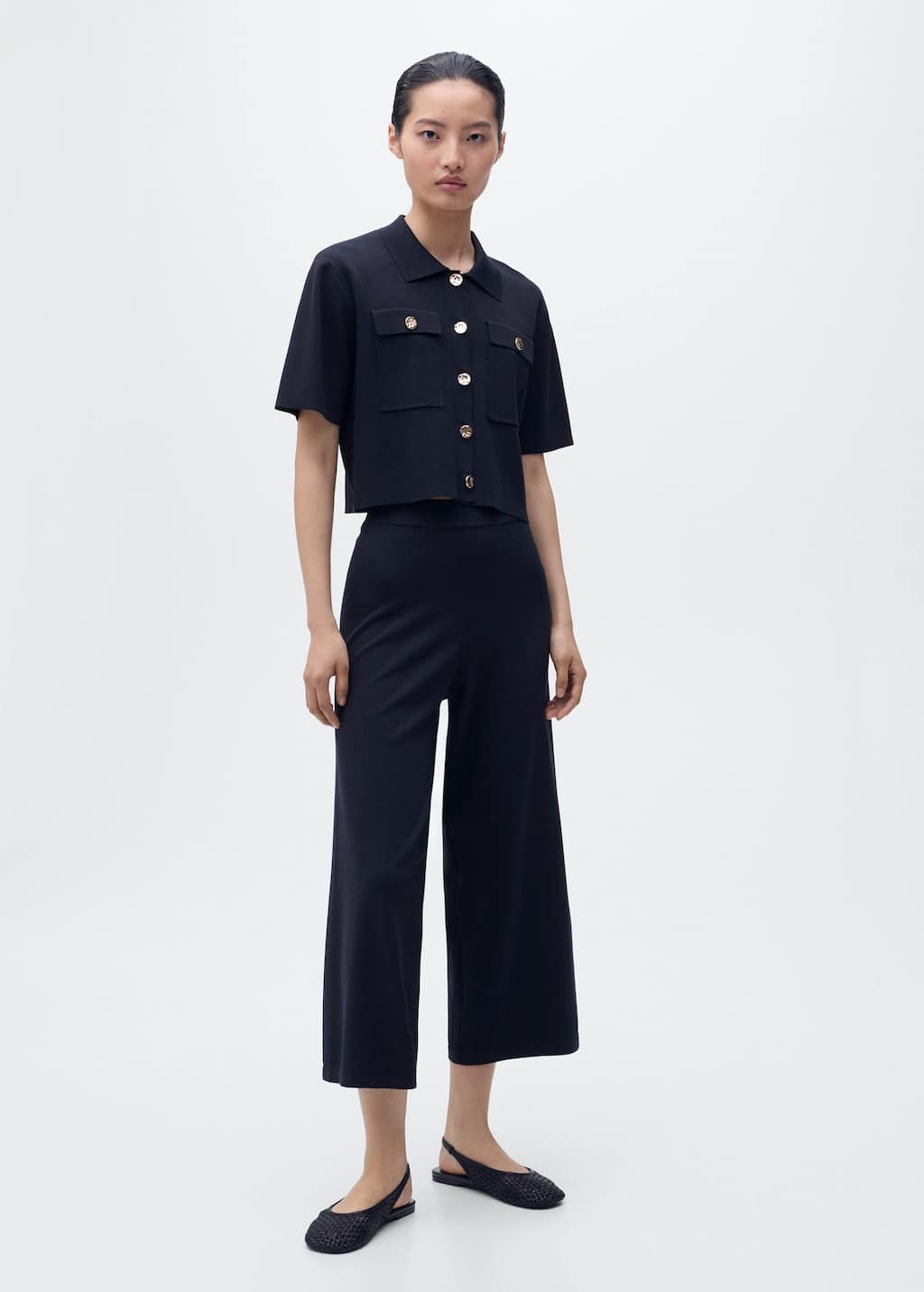 Mango Pantalon Crop Maille Bleu Marine - Femme - M - In Blue