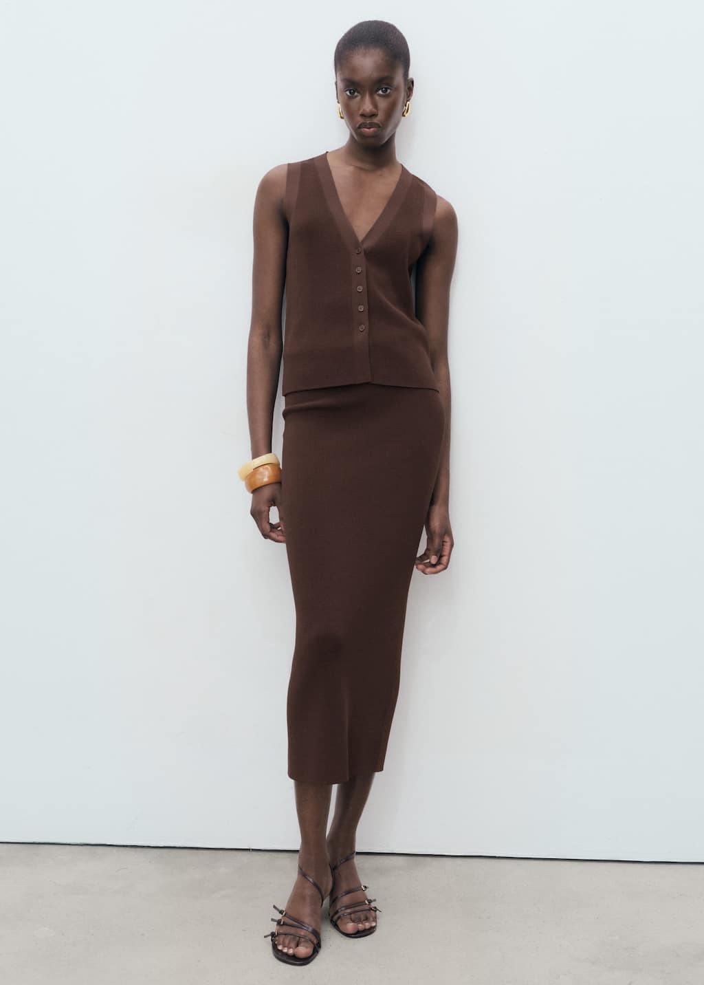 Mango Fine Knit Midi Skirt In Brown