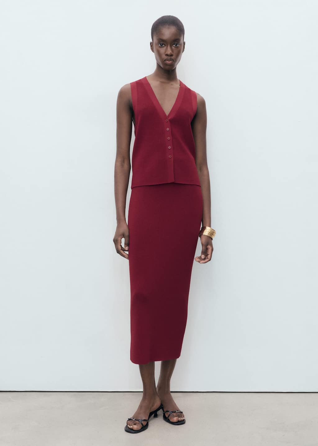 Mango Fine Knit Midi Skirt In Burgundy