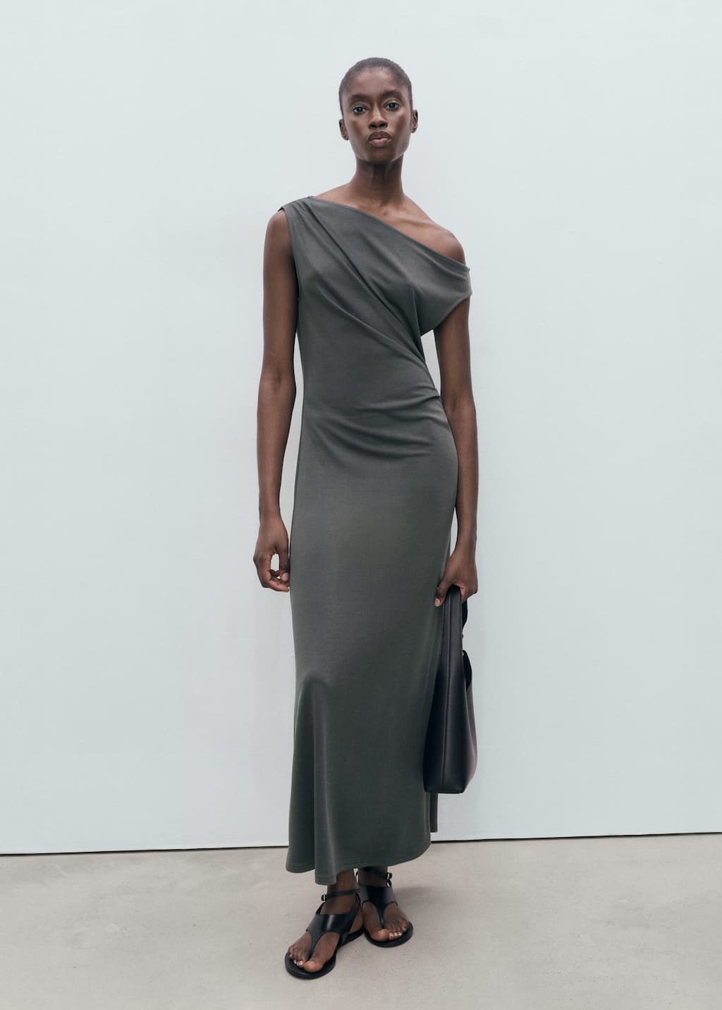 Mango Asymmetrical Pleated Dress Charcoal In Gray