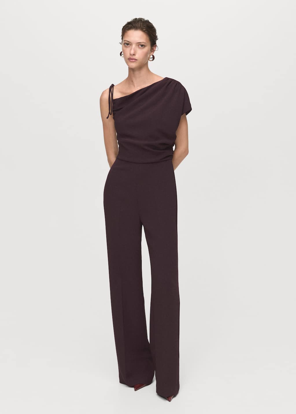 Mango Asymmetrical Neck Jumpsuit With Tie Brown In Brown