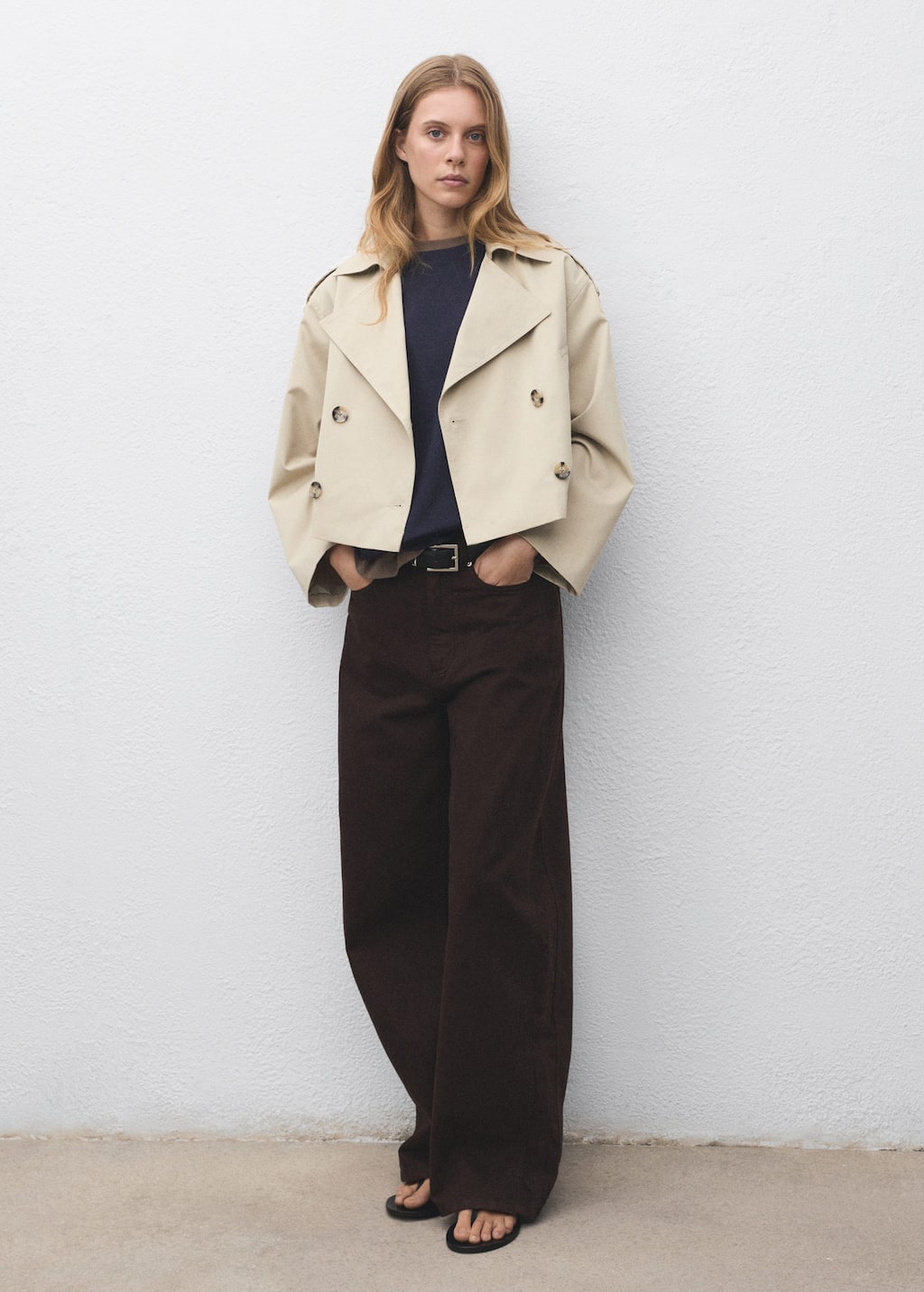 Mango Double-breasted Cropped Trench Coat Beige In Sand