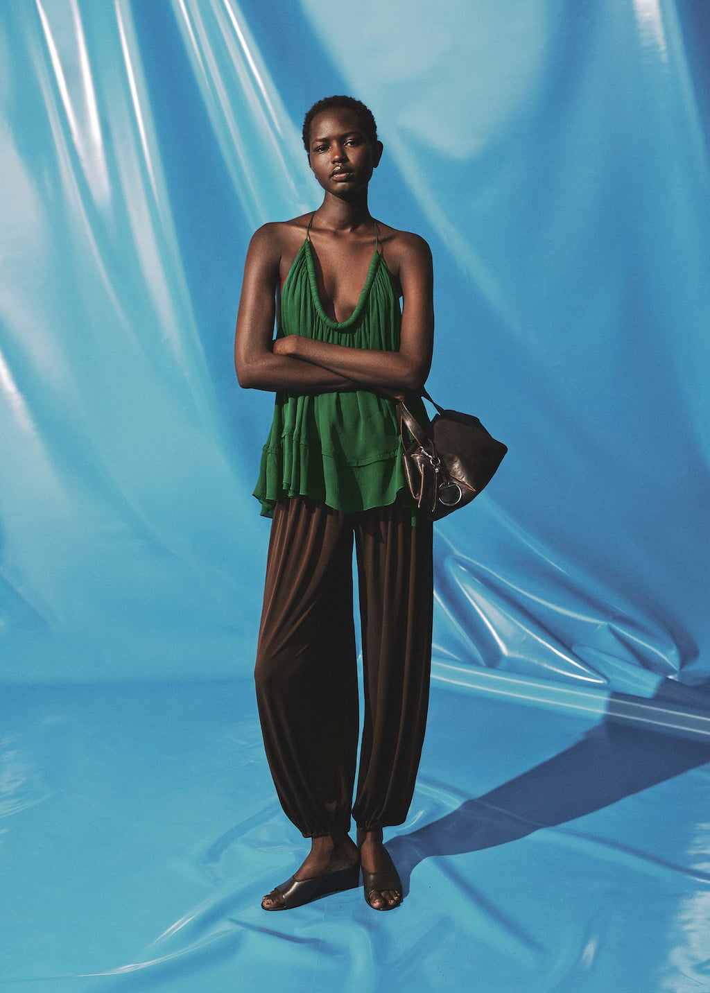 Mango Pleated Top With Low Back Neckline Green In Green