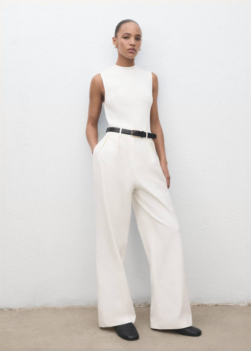 Mango Sleeveless Belted Wide Leg Jumpsuit In White