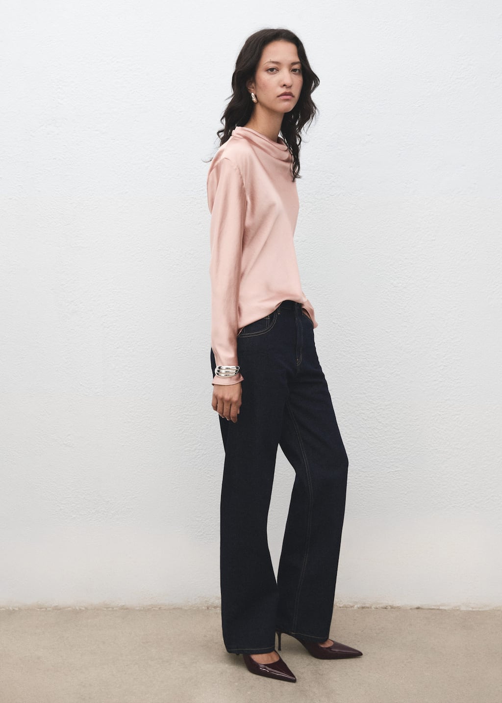 Mango Satin Blouse With Draped Neck Pale Pink