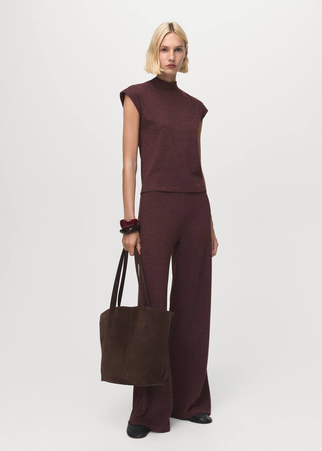 Mango Knitted Trousers With Elastic Waistband Burgundy In Burgundy
