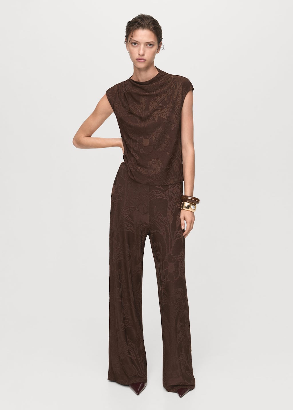 Mango Jacquard Floral-print Top Brown
