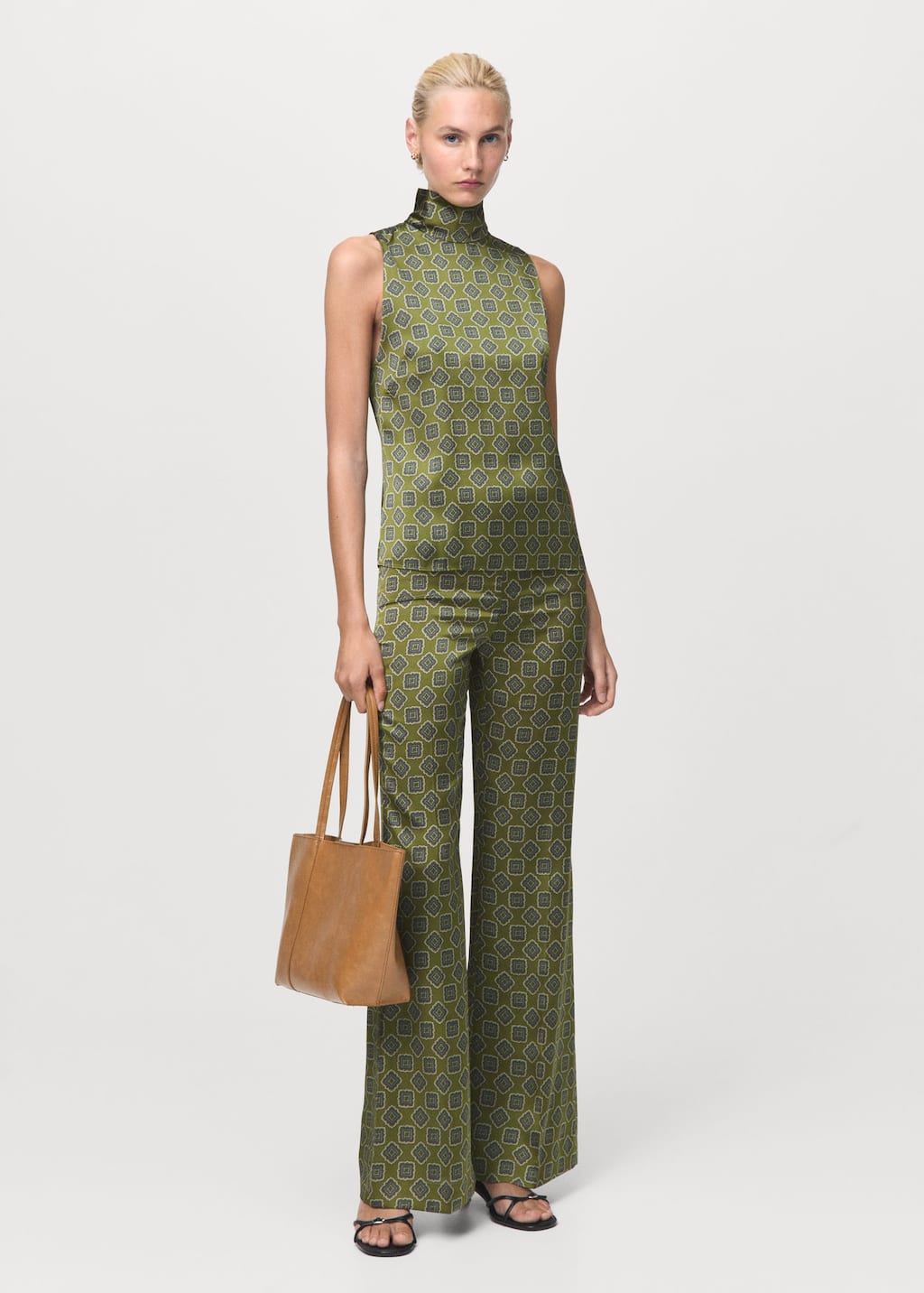Mango Satin Blouse With Geometric Pattern Green In Green