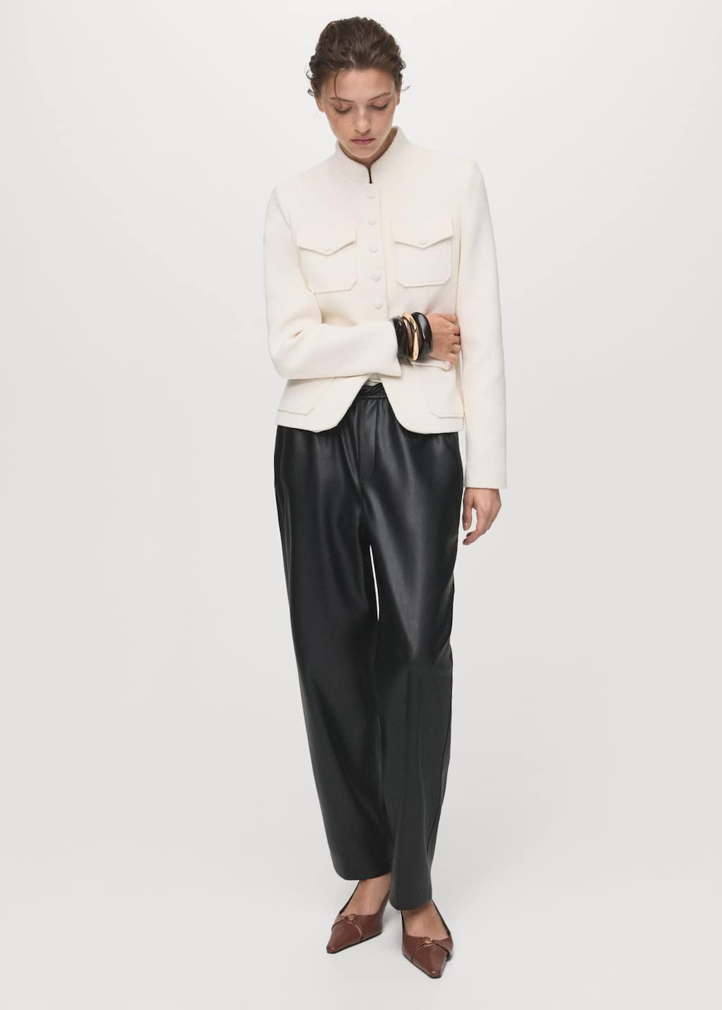 Mango Leather-effect Elastic Waist Trousers Black In White
