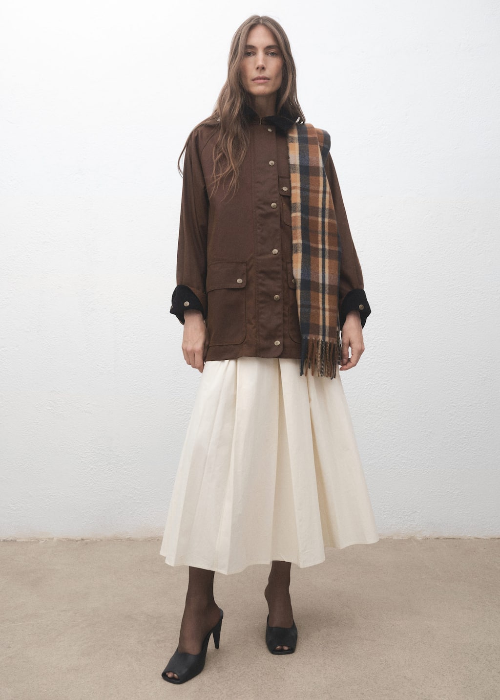 Mango Check Scarf With Fringed Ends Brown