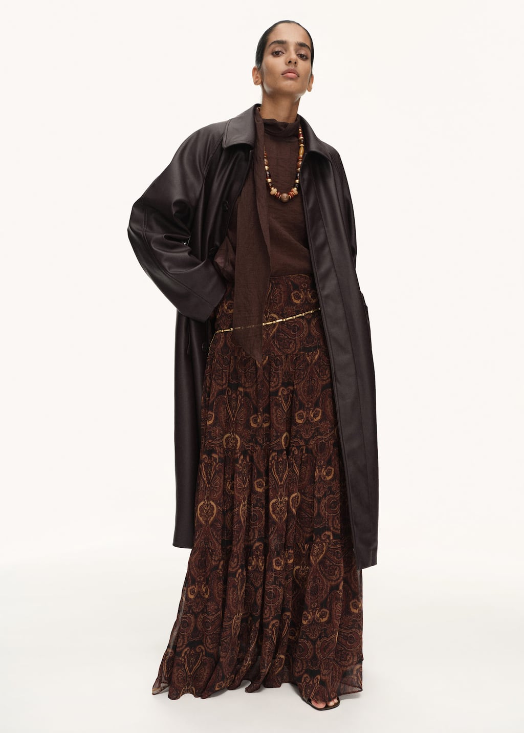 Mango Long Leather-effect Trench Coat In Brown