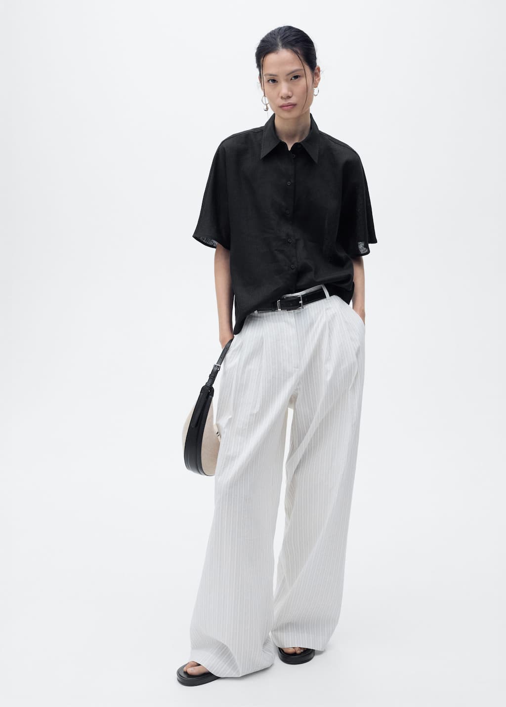 Short sleeve linen-blend shirt black - Woman - 12 - MANGO