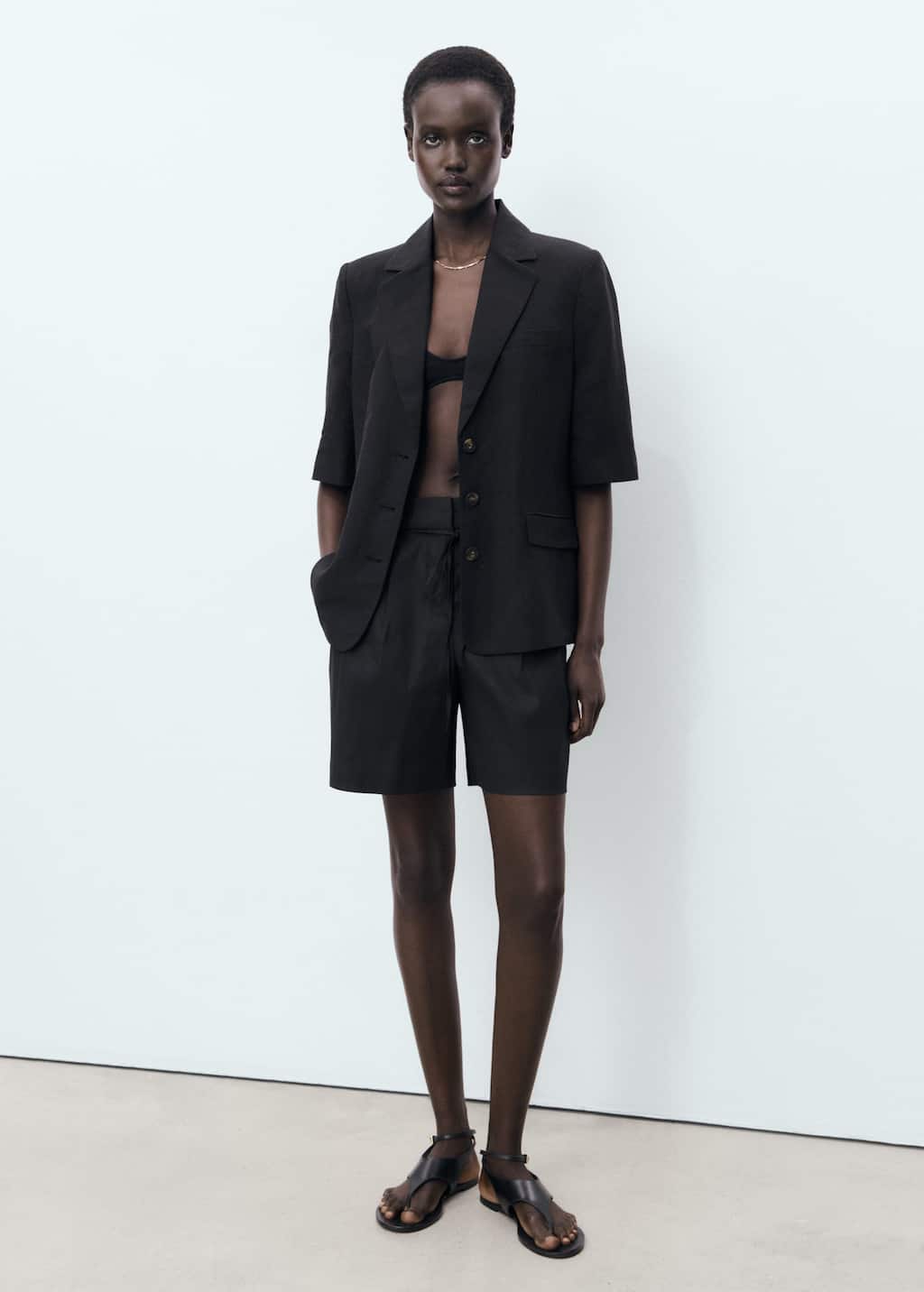 Mango Linen Shorts With Bow Belt Black
