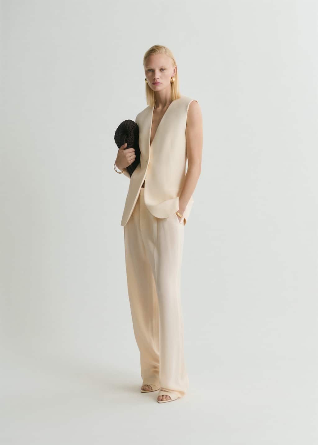 Mango Long Flowy Gilet Vanilla