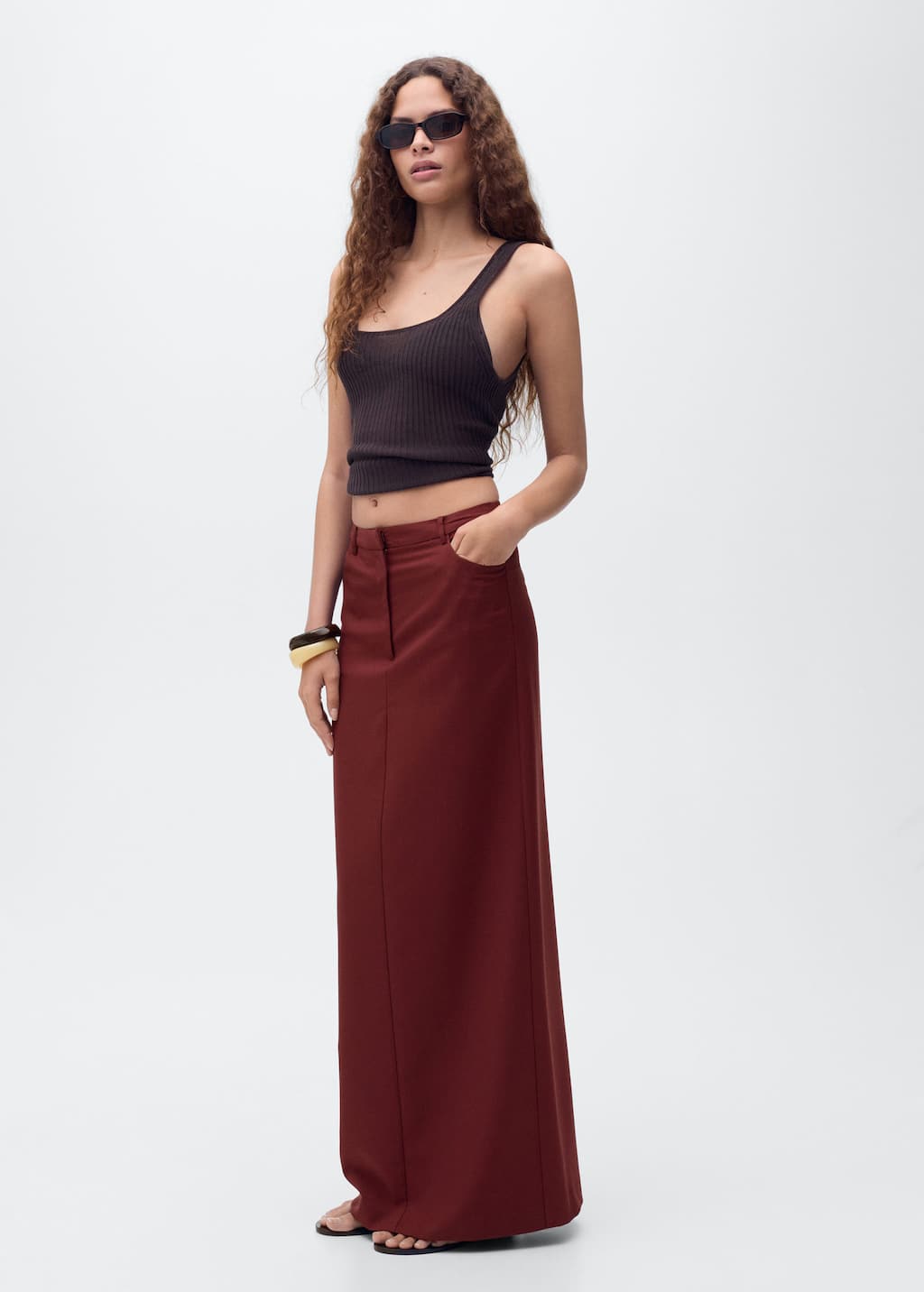 Mango Jupe Crayon Longue Fendue Bordeaux - Femme - Xl - In Burgundy