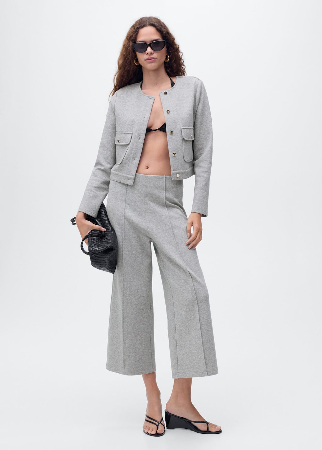 Mango Pantalon Crop Coton Gris Chiné Moyen - Femme - M -  In Gray