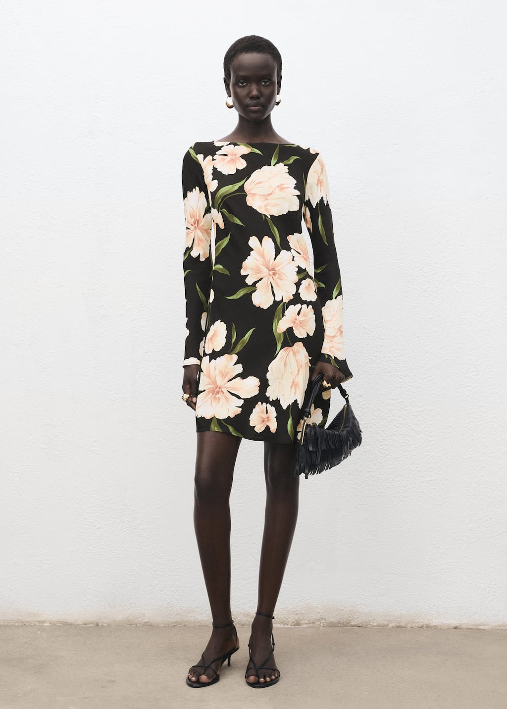 Mango Short Floral-print Dress In Black