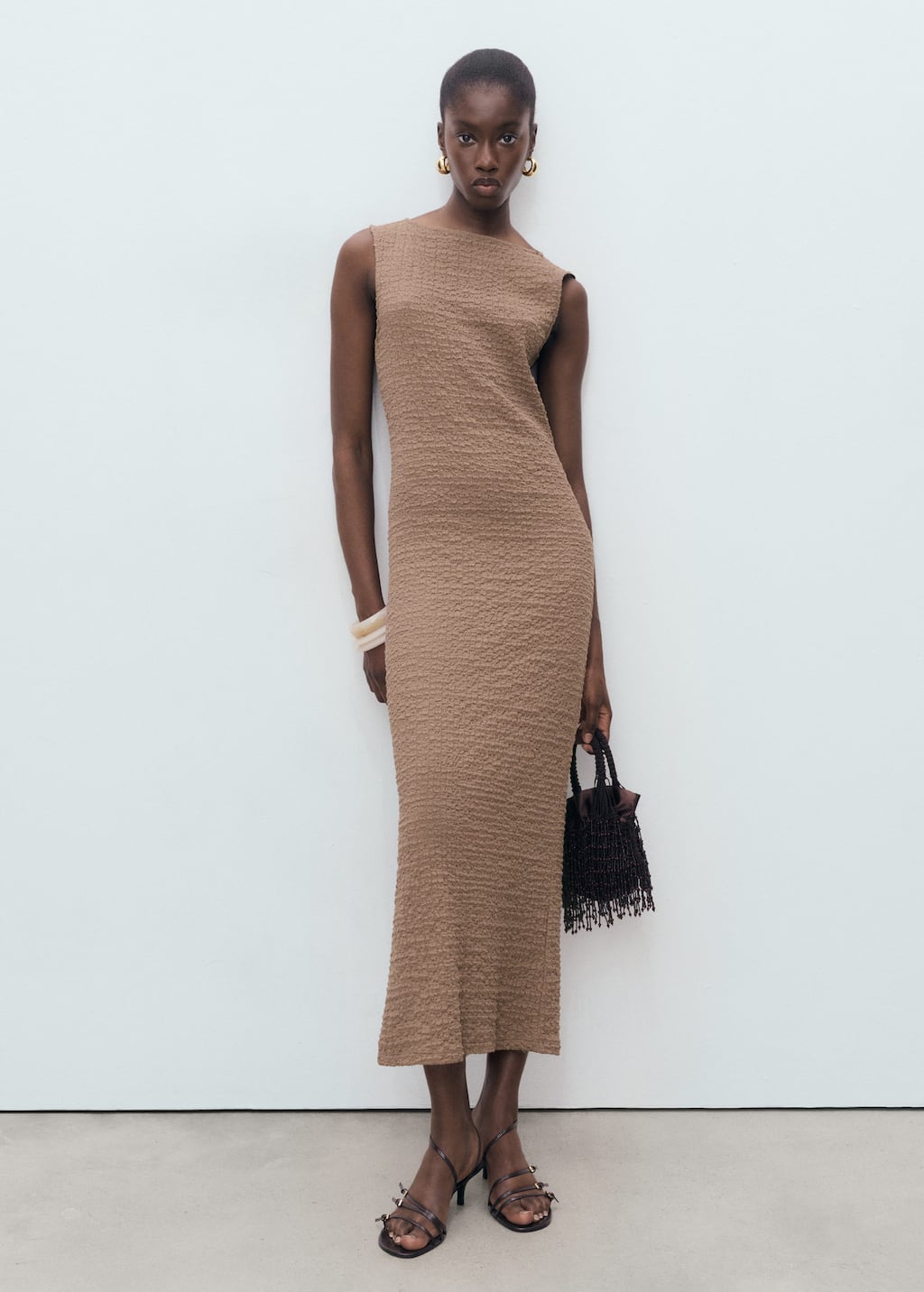 Mango Texture Sleeveless Maxi Dress In Brown