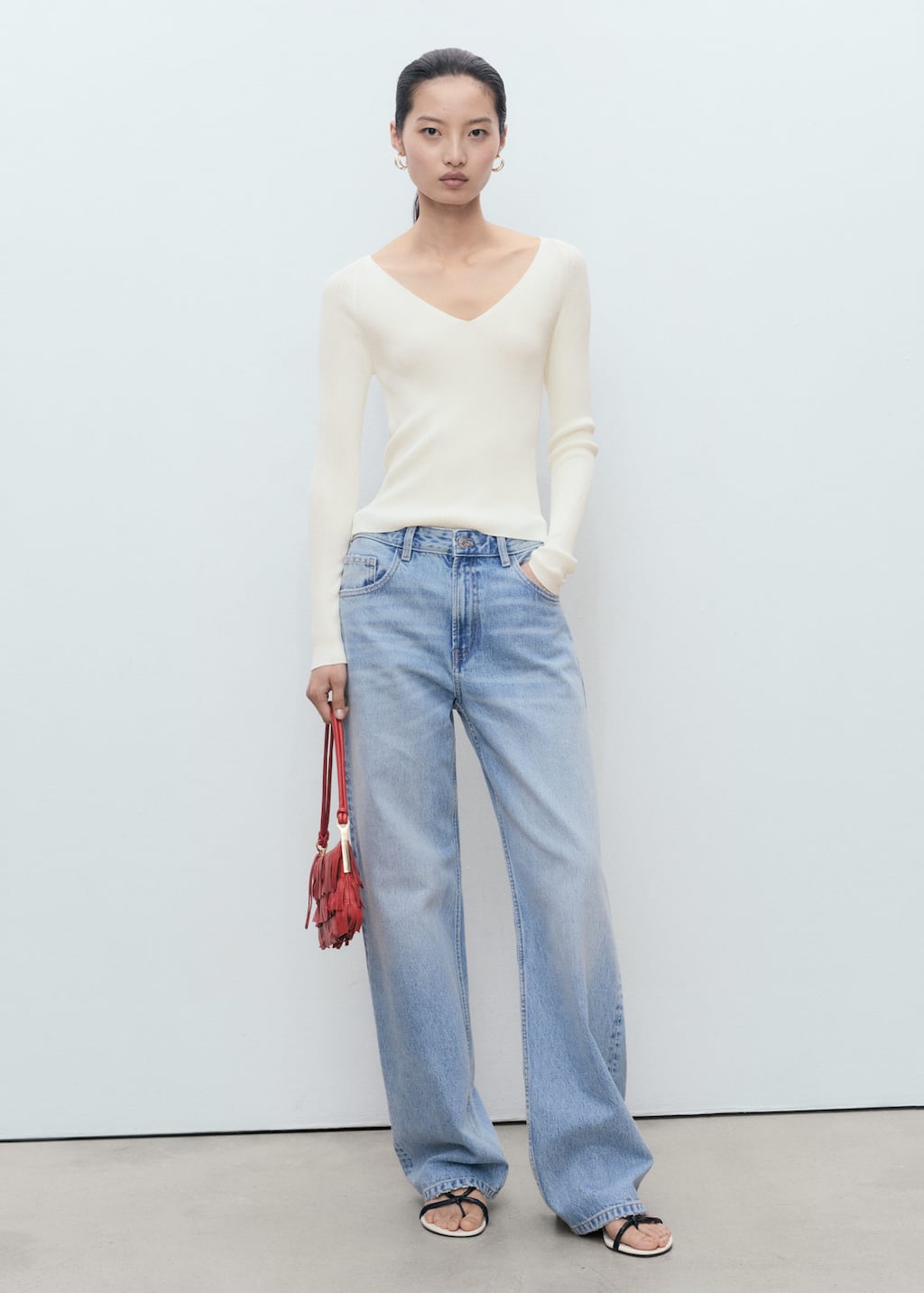 Mango V-neck Ribbed Knit Sweater In Sand