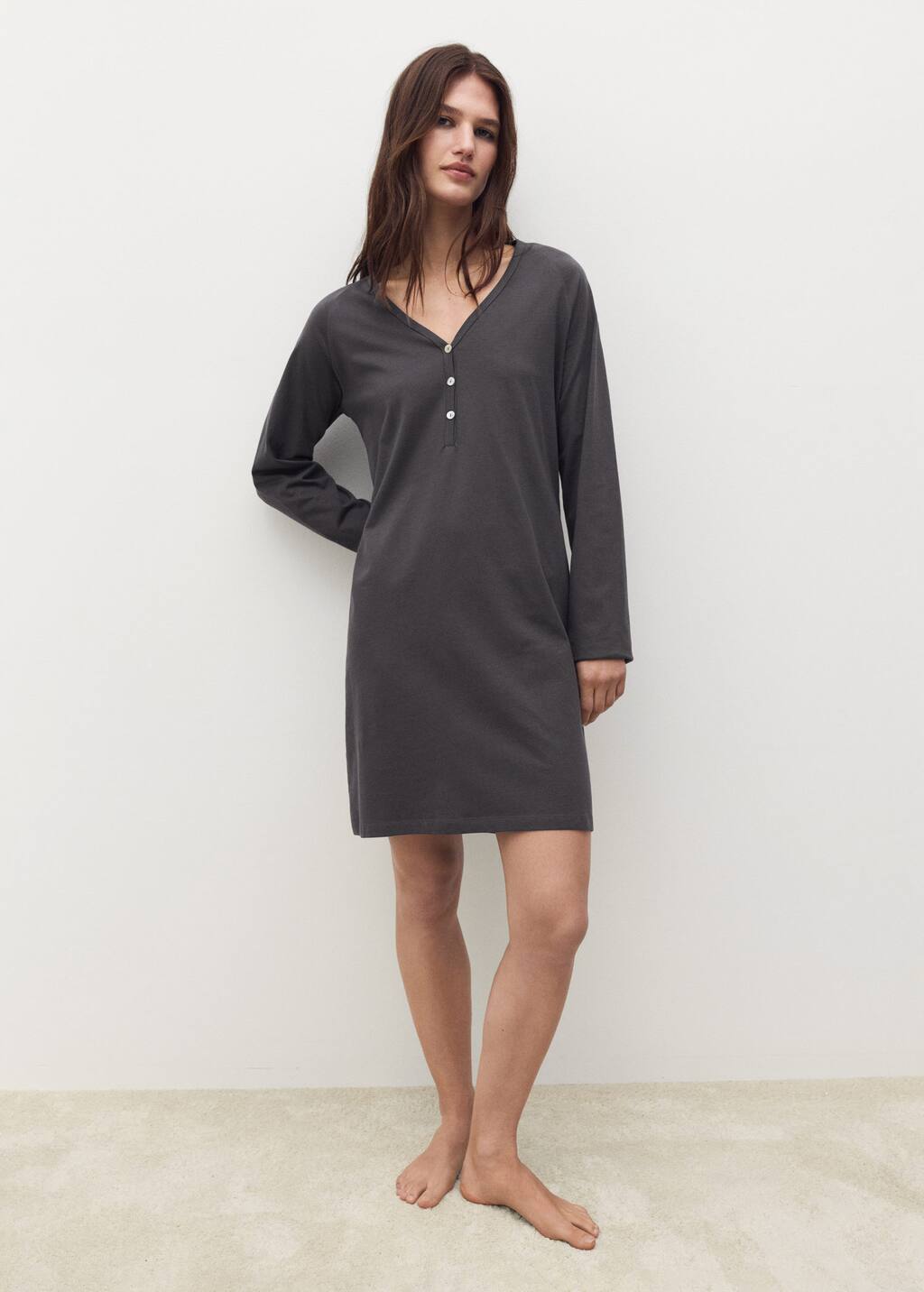 Mango Cotton Nightdress With Button Detail Charcoal In Black