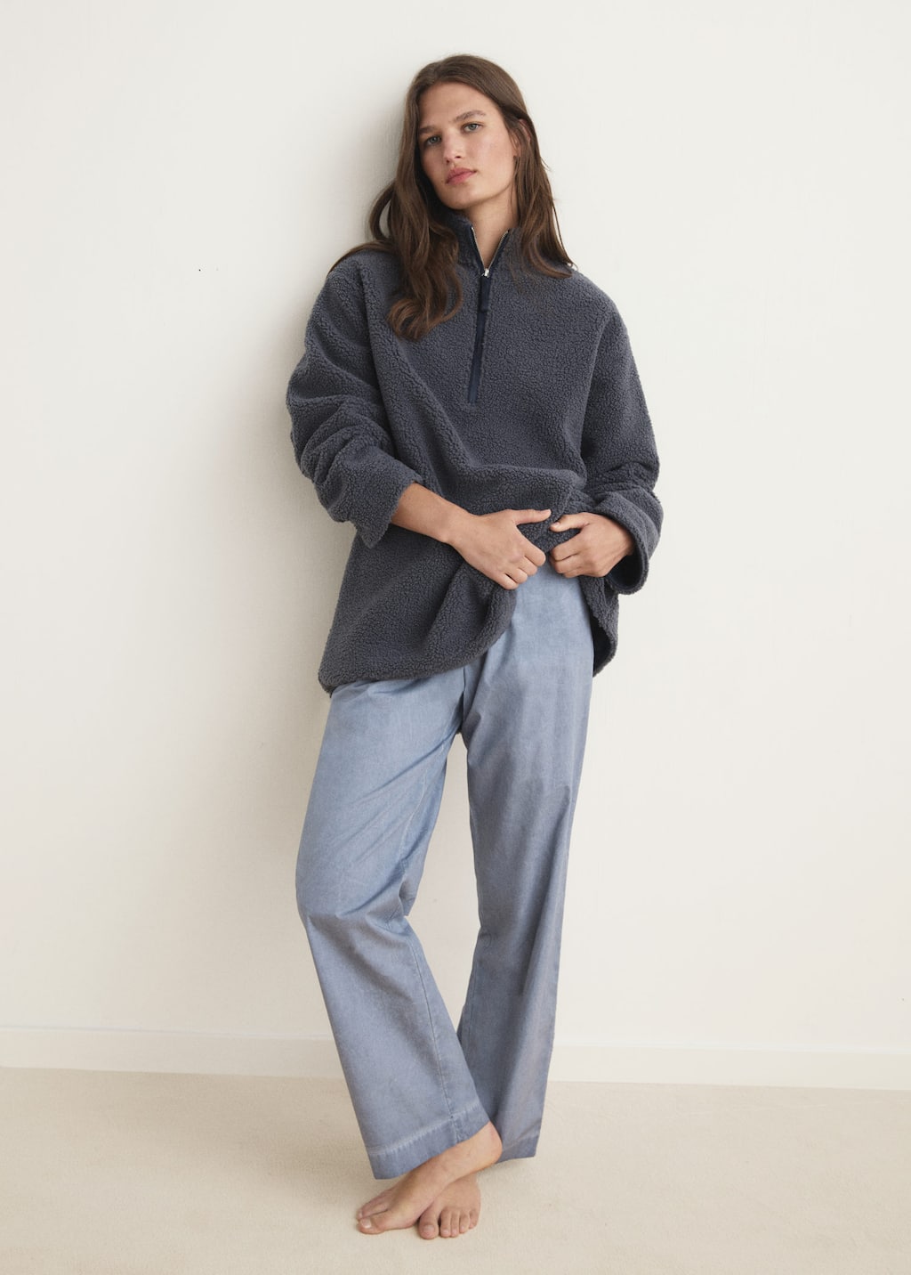 Mango Sweat-shirt Effet Moutonné Fermeture Éclair Bleu Encre - Femme - L - In Gray