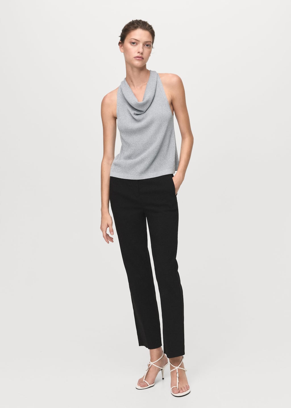 Mango Lurex Knitted Top With Draped Neck Silver In Gray