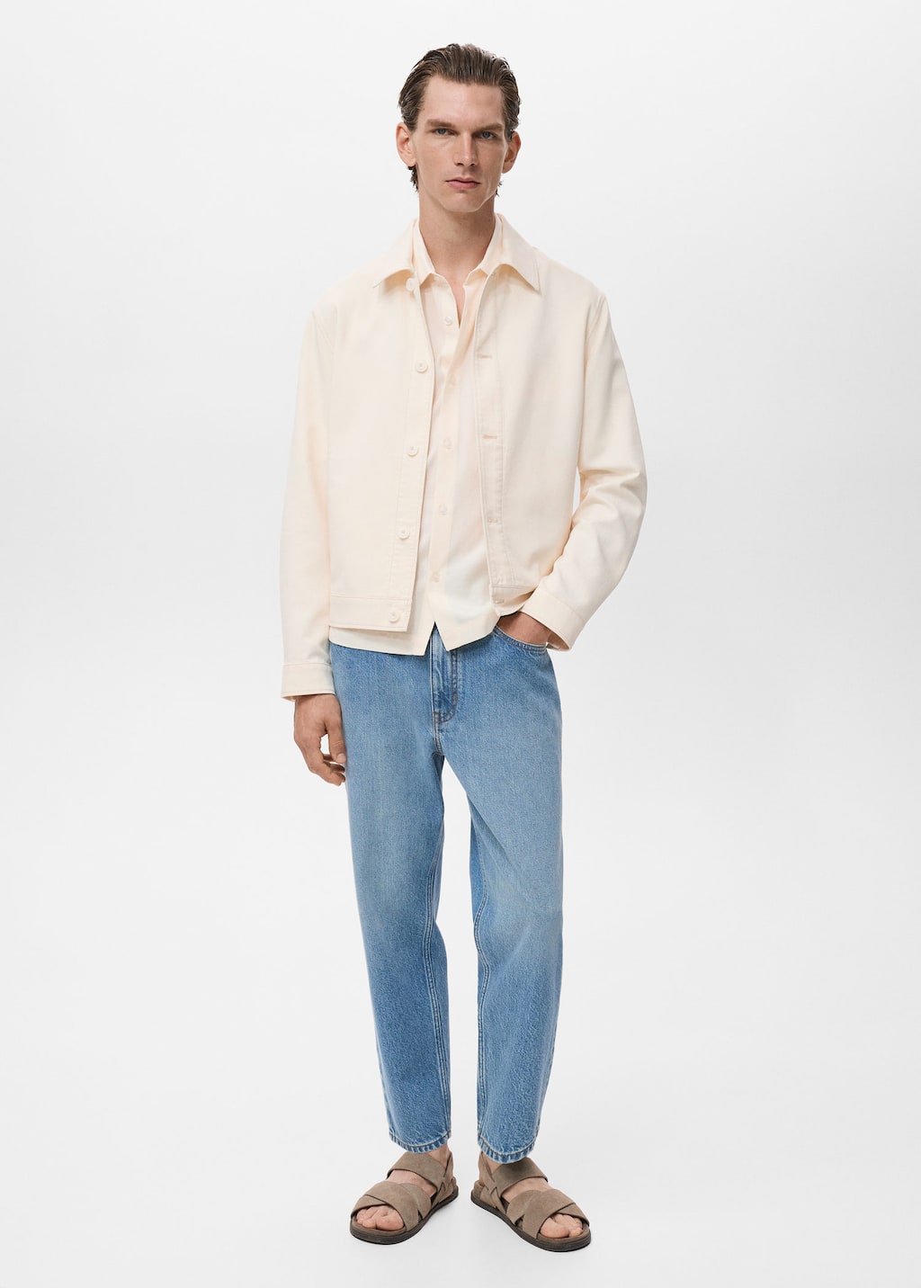 Mango Man Straight Cotton Jacket With Buttons In Sand