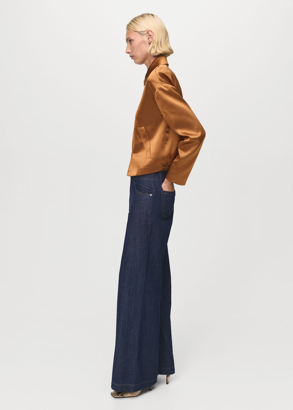 Mango Satin Jacket With Pockets Cognac In Brown