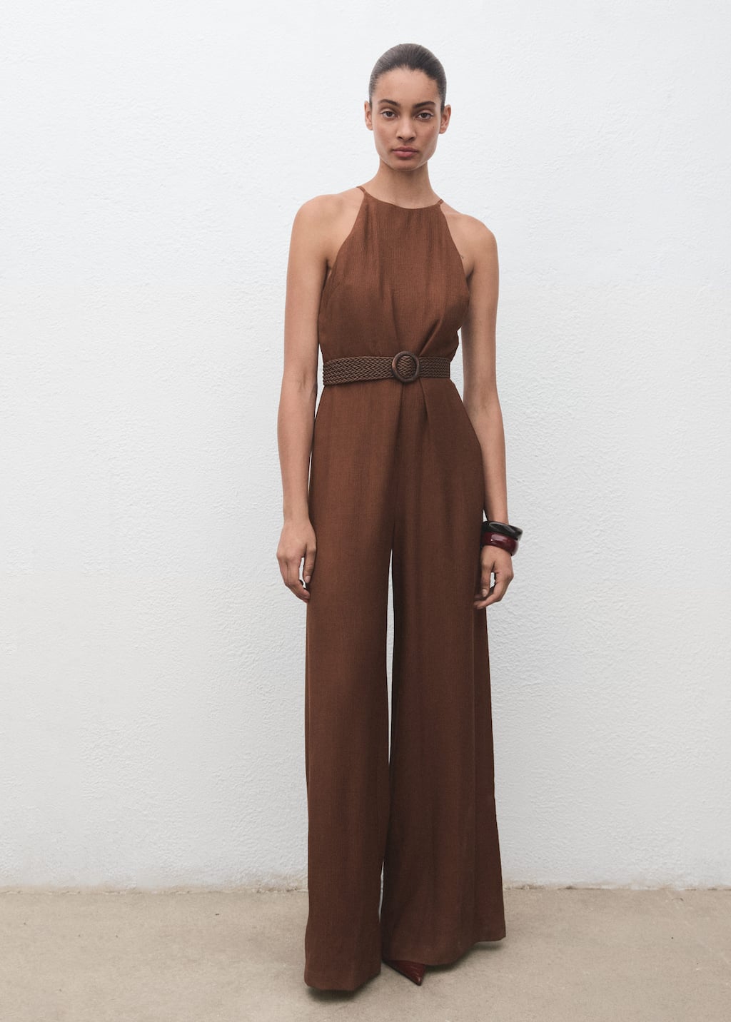 Mango Pleated Jumpsuit With Belt In Brown