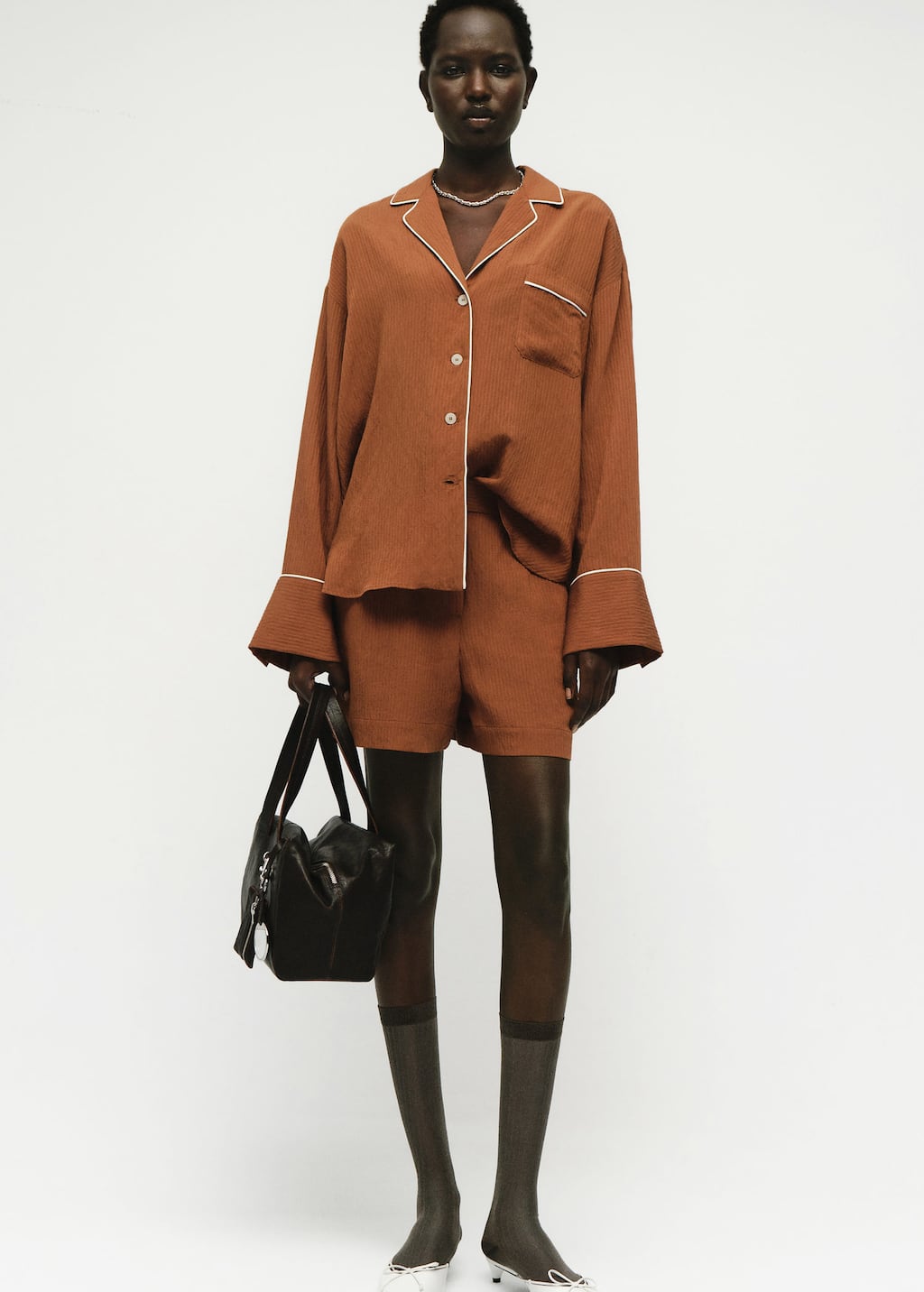 Mango Textured Shirt With Contrasting Trim In Brown