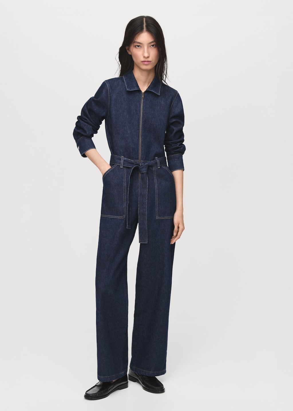 Mango Belt Denim Jumpsuit Open Blue In Blue