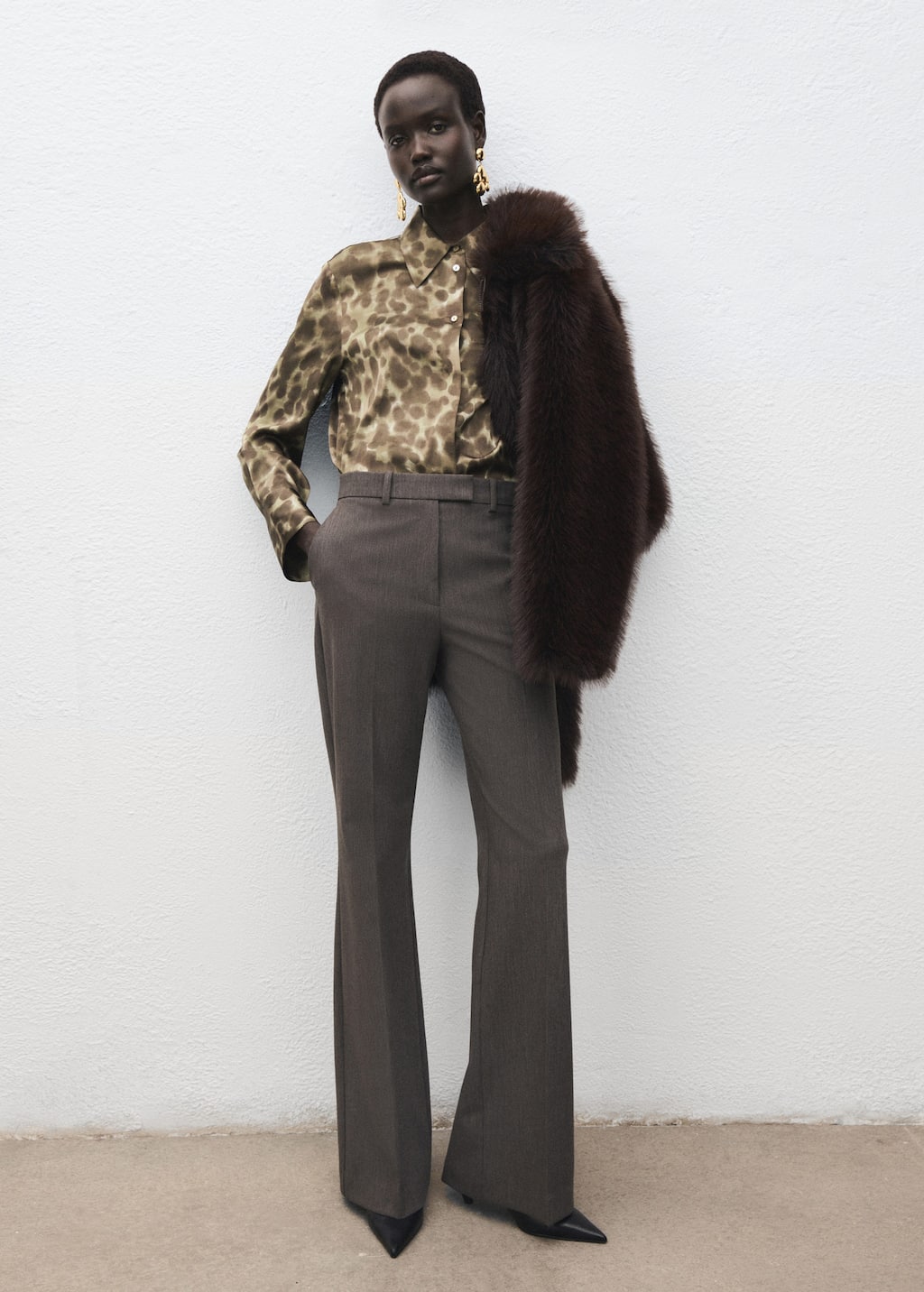 Mango Satin Print Shirt Brown In Multi