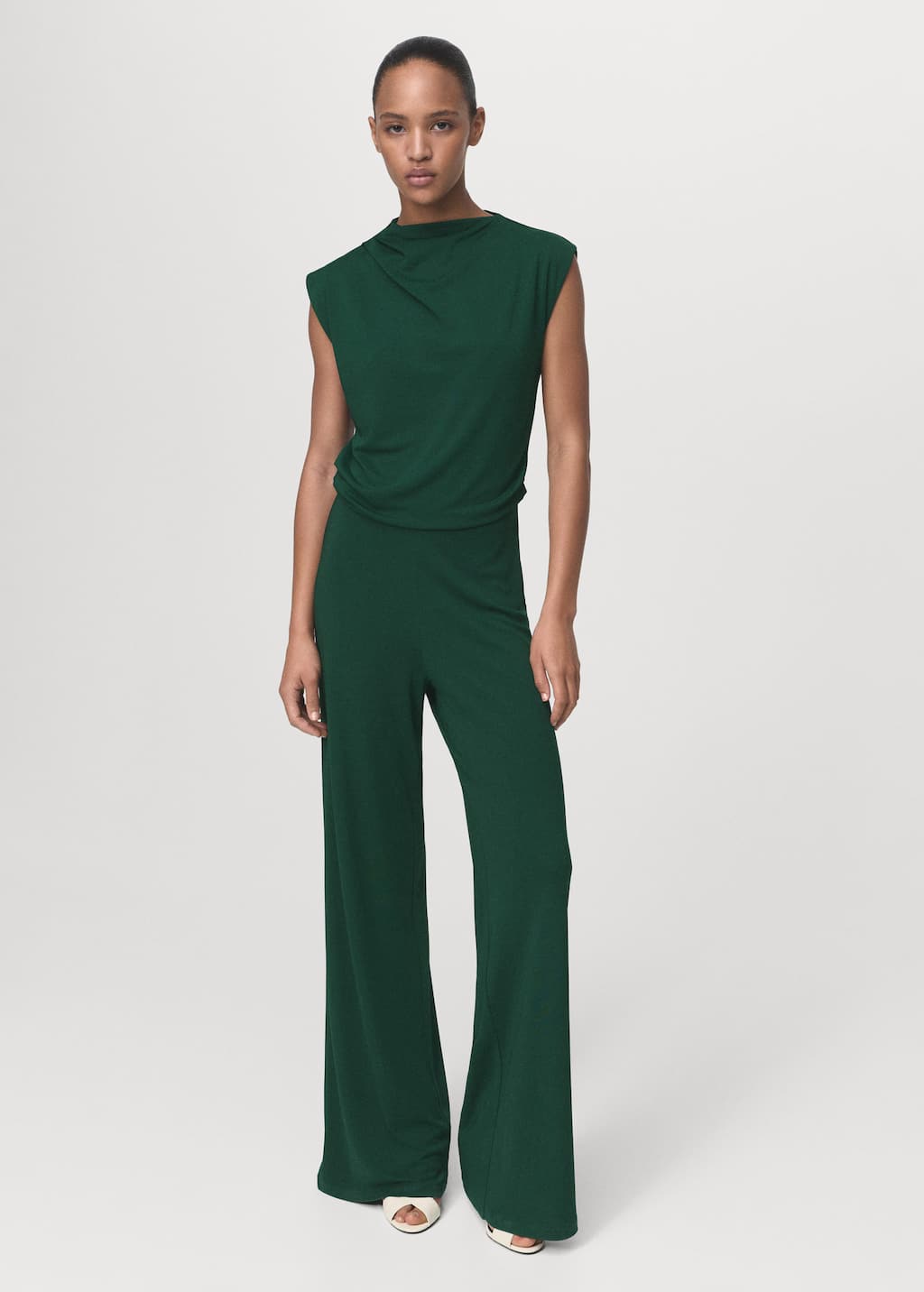 Mango Straight-fit Jumpsuit With Draped Neckline Dark Green In Green