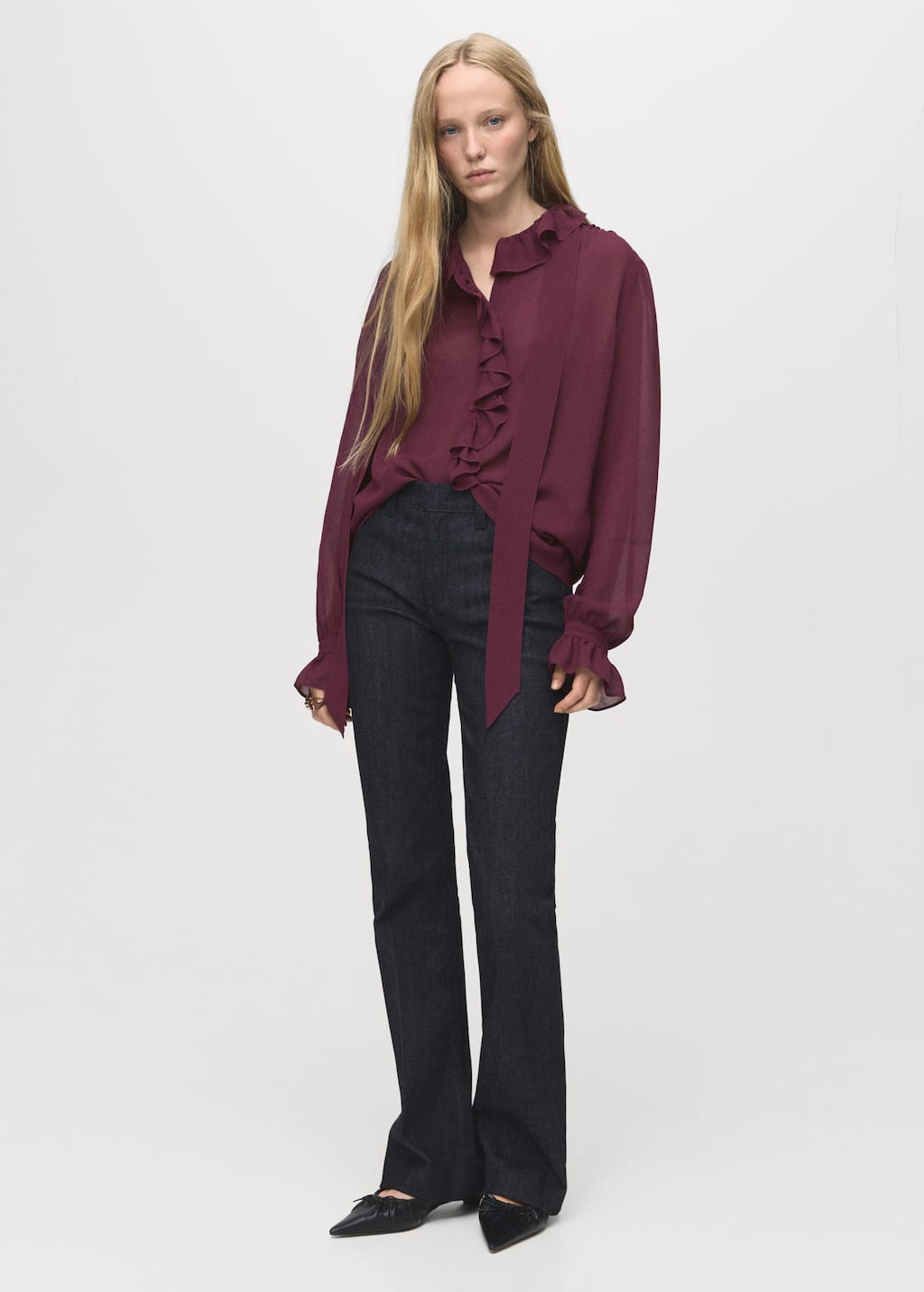 Mango Ruffled Blouse With Scarf Burgundy In Gold