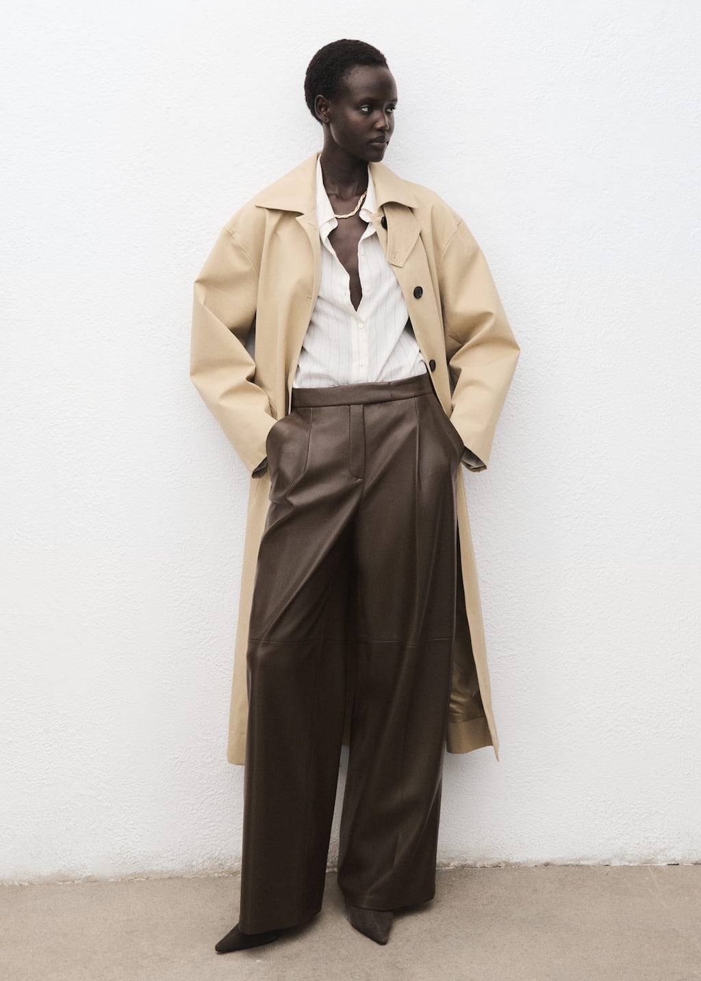 Mango Wide Leg Faux Leather Trousers Khaki In Brown