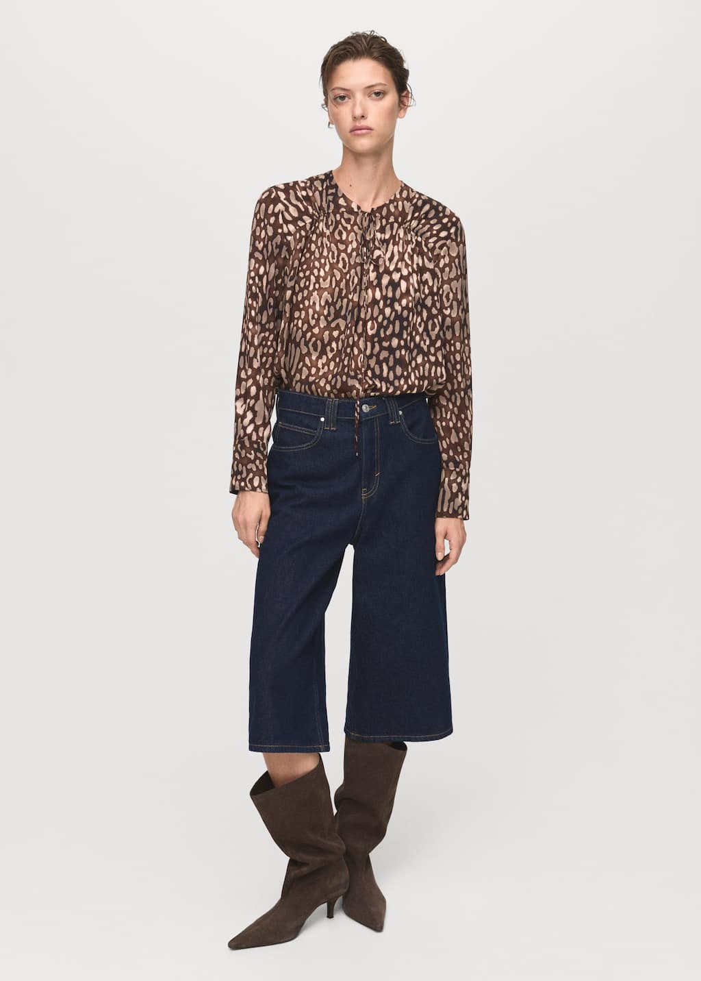 Mango Leopard Satin Blouse With Tie In Brown