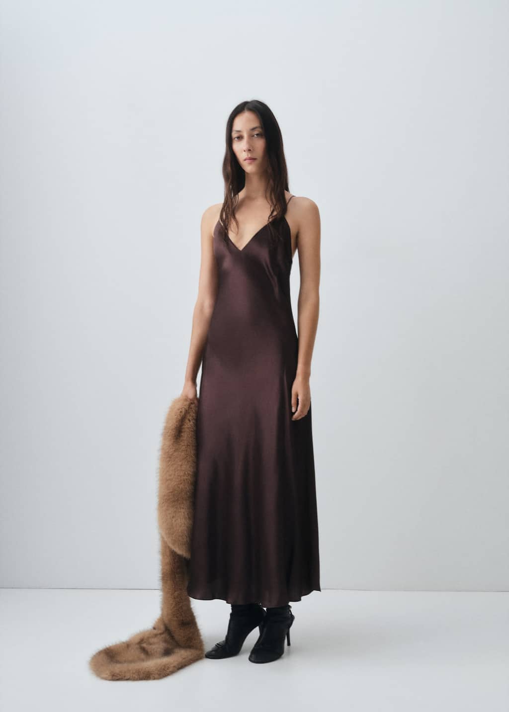 Mango Silk Satin Dress Brown In Burgundy